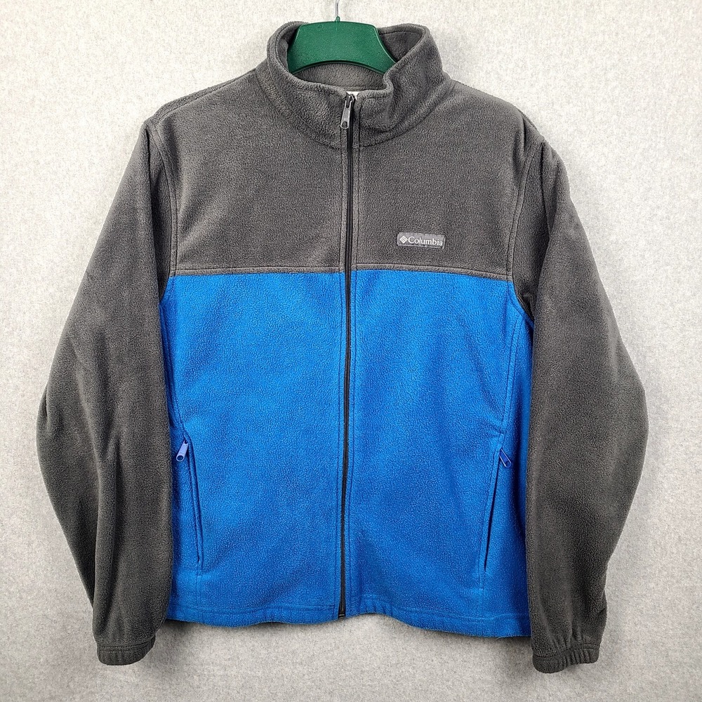 Columbia Fleece Jacket Mens XL Full Zip Gray Blue Colorblock Pockets Long Sleeve